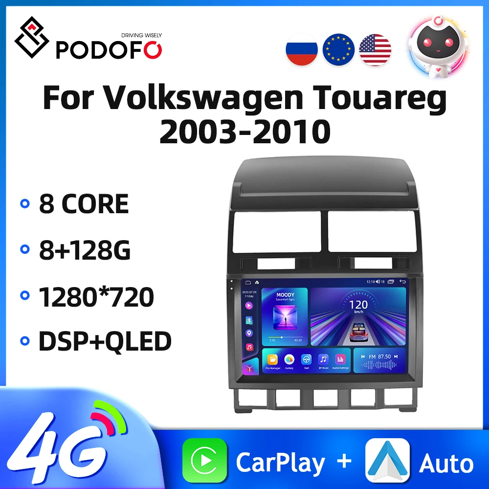 Podofo Android WIFI Car Radio For Volkswagen Touareg 2003-2010 Multimedia Player Carplay Android Auto GPS Navigation 8Core Audio