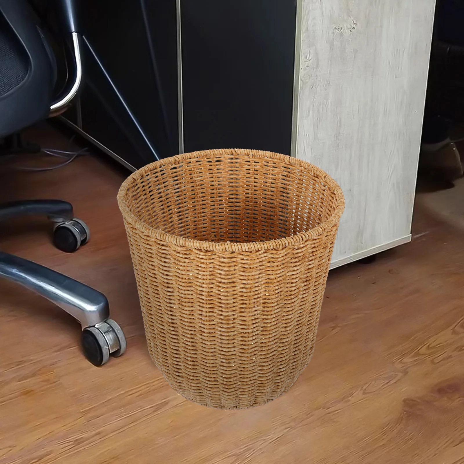 

Woven Storage Basket Imitation Rattan Trash Can PP Iron Material Elegant Home Organizer Natural Look Living Room Kitchen