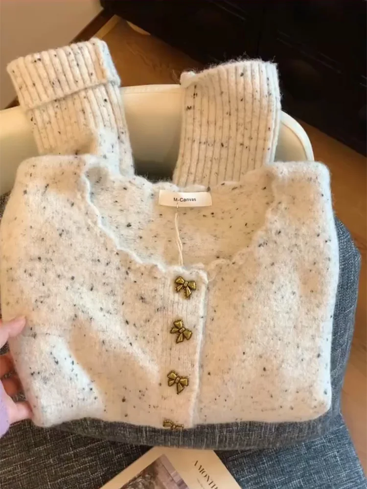 

Мягкий вязаный свитер с металлическим кружевным воротником и узлами, женский, премиум-класса, в корейском стиле, с длинными рукавами, для обеспечения тепла