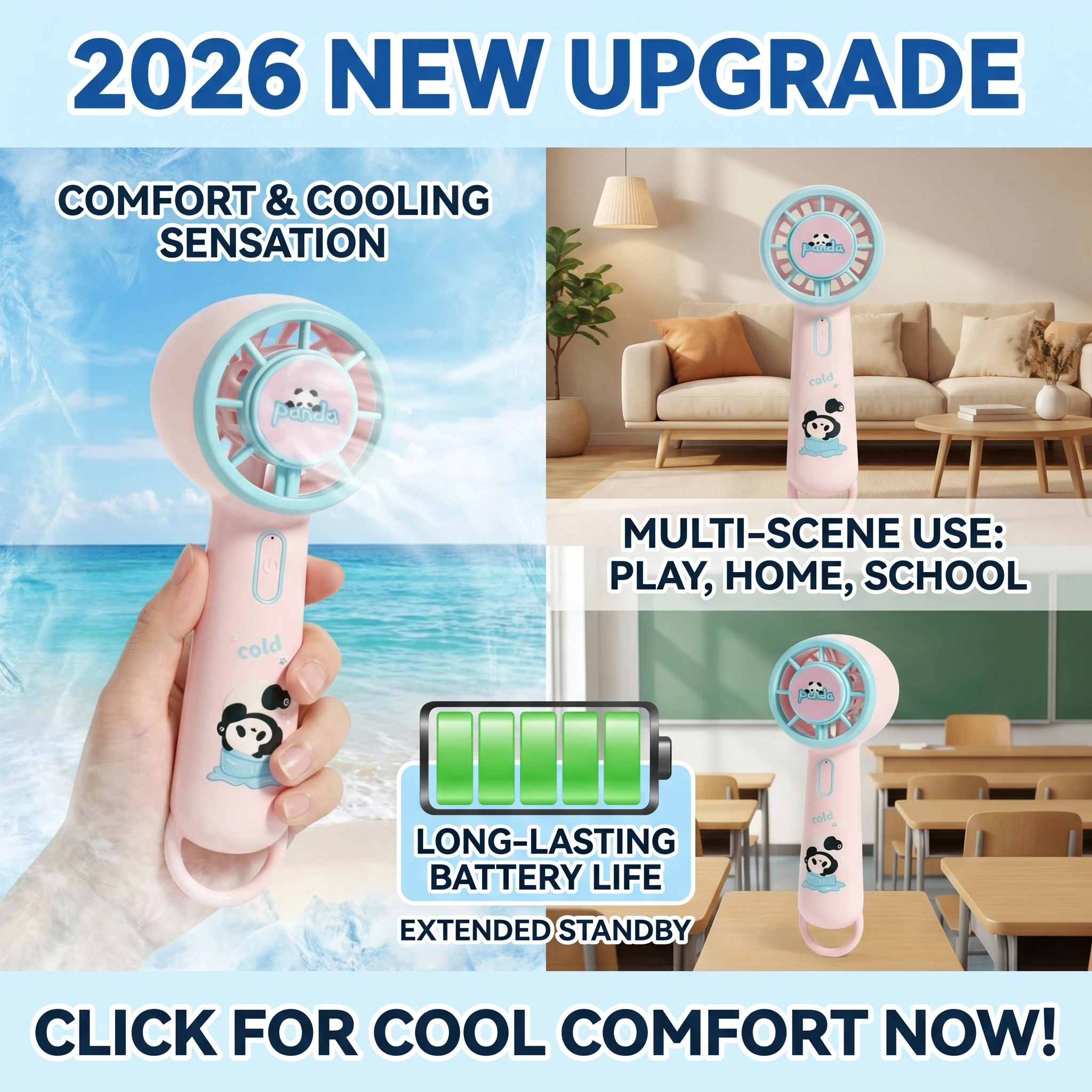 2026 New Upgrade Cute Panda Small Handheld Fan 3 Speed Mini Portable Fan For Summer Cool USB Battery ReChargeable Fan Outdoor An