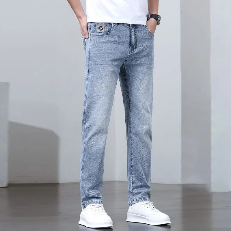 Celana Panjang Biru Giok Putih Sedikit Melar Jeans Pria Nyaman Terlihat Lebih Tinggi Celana Denim Trendi Muda Tipis Lurus Longgar Pria