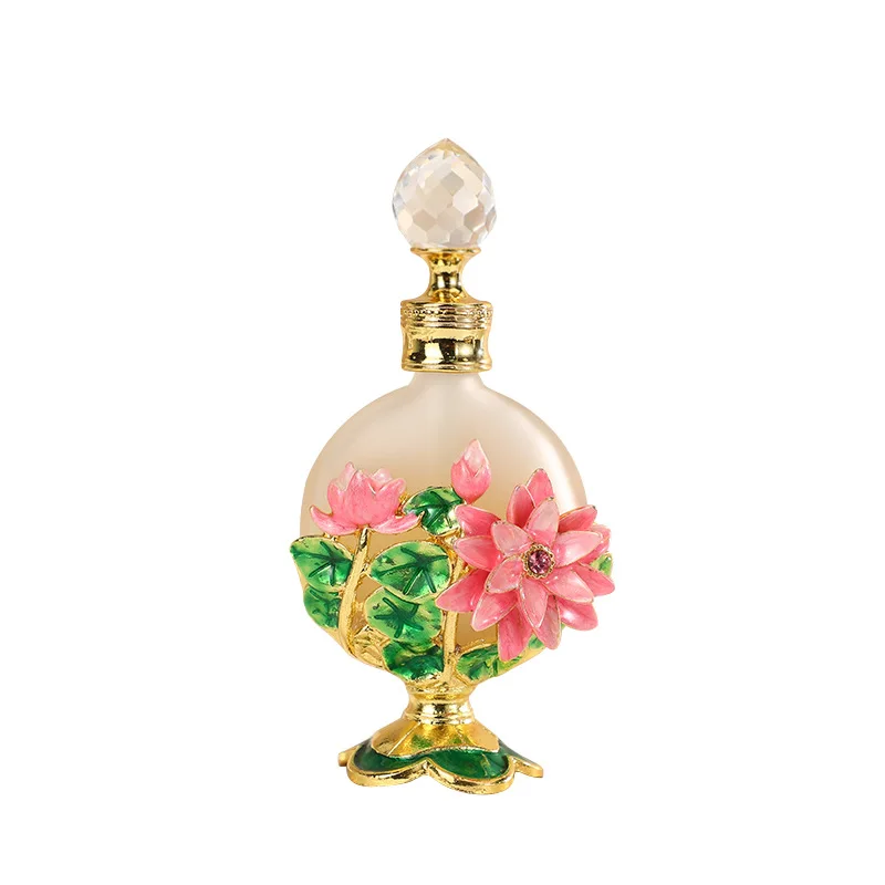 

Lotus flower enamel crafted perfume essential oil empty dispenser bottle high gloss metal essential oil perfume bottle