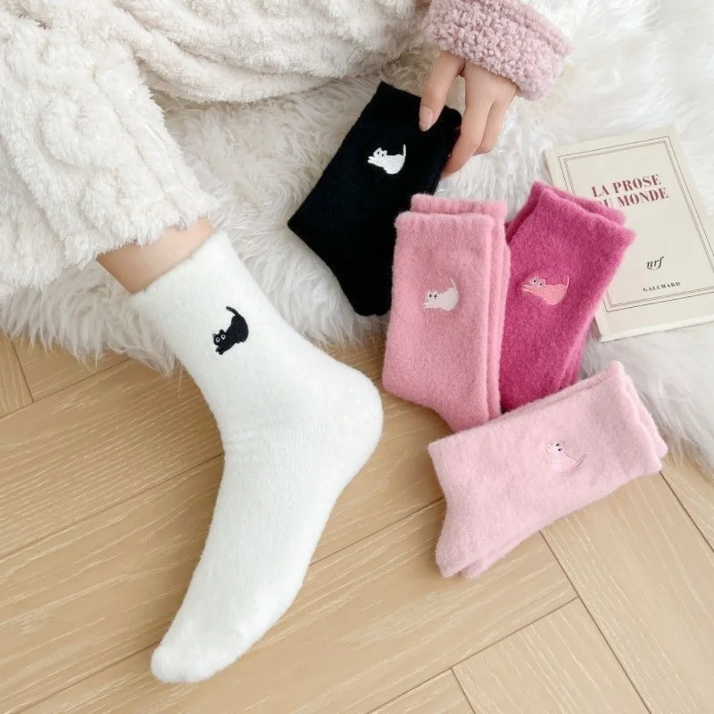 Cartoon Embroidery Cute Cat Socks Women's Autumn Winter Thickened Velvet Warm Tube Socks Cold-proof Fluffy Home Socks