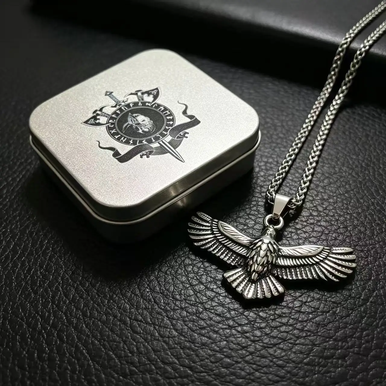316L Edelstahl Wikinger-Raben-Anhänger Halskette für Männer Wasserdichter Nordischer Adler Biker Punk Männerschmuck Geschenk – Detail 5