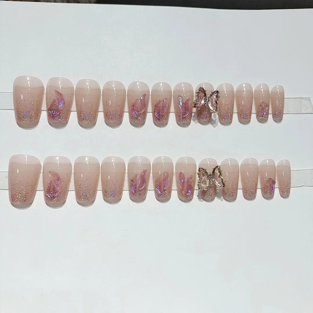 24pcs Shiny Broken Diamond Ice Cream Taro Purple Butterfly Nail Enhancement Light Purple French Princess Style Wearing Nail Fals