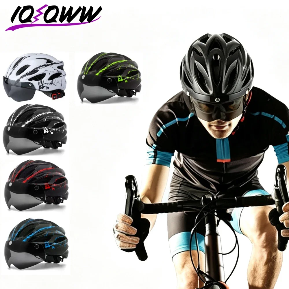 Ultralight MTB Bicycle Helmet with Magnetic Goggles & LED Rear Light, Adjustable 58-62cm Adult Cycling Helmet for Mountain Bike