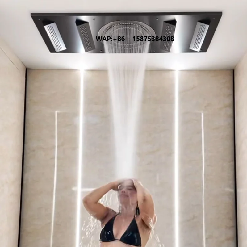New Ceiling Rain LED Smart Thermostatic Shower System Faucet Brass Square Modern Ceramic Hotel Brushed Gold Shower Set Body Jets