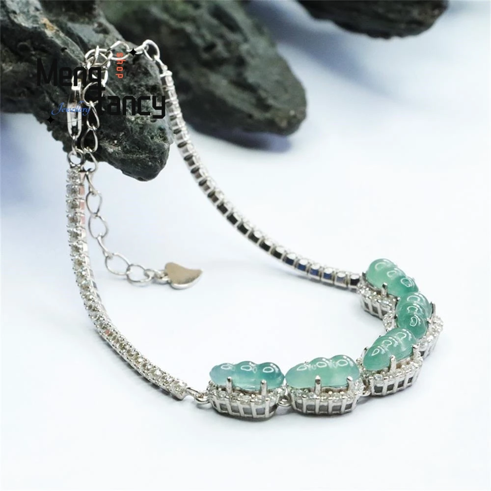 S925 Silver Lnlaid Natural Jadeite Ice Blue Water Four Season Bean Bracelet Exquisite Elegant High-grade Luxury Quality Jewelry