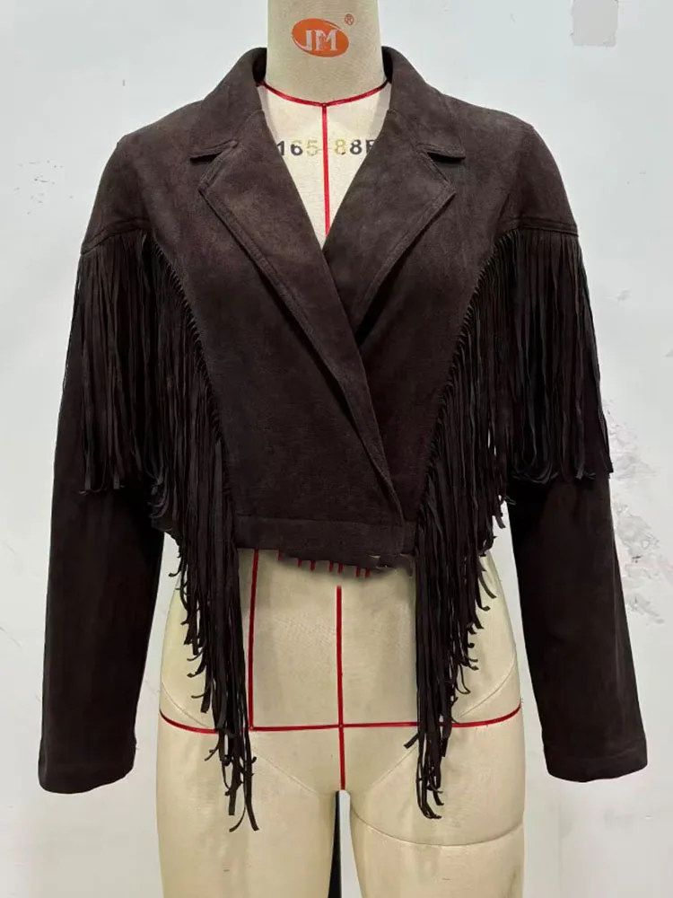 HH المرأة شتاء موضة جديدة الصلبة بدوره إلى أسفل طوق طويلة الأكمام شرابة الديكور معطف الإناث شارع العليا سترات قصيرة غير رسمية