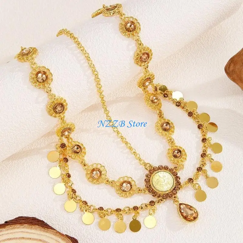 

T21F Elegant Gold Color Indian Headpiece with Coin and Rhinestones for Women Bridal Wedding Accessory Daily Use Outfits