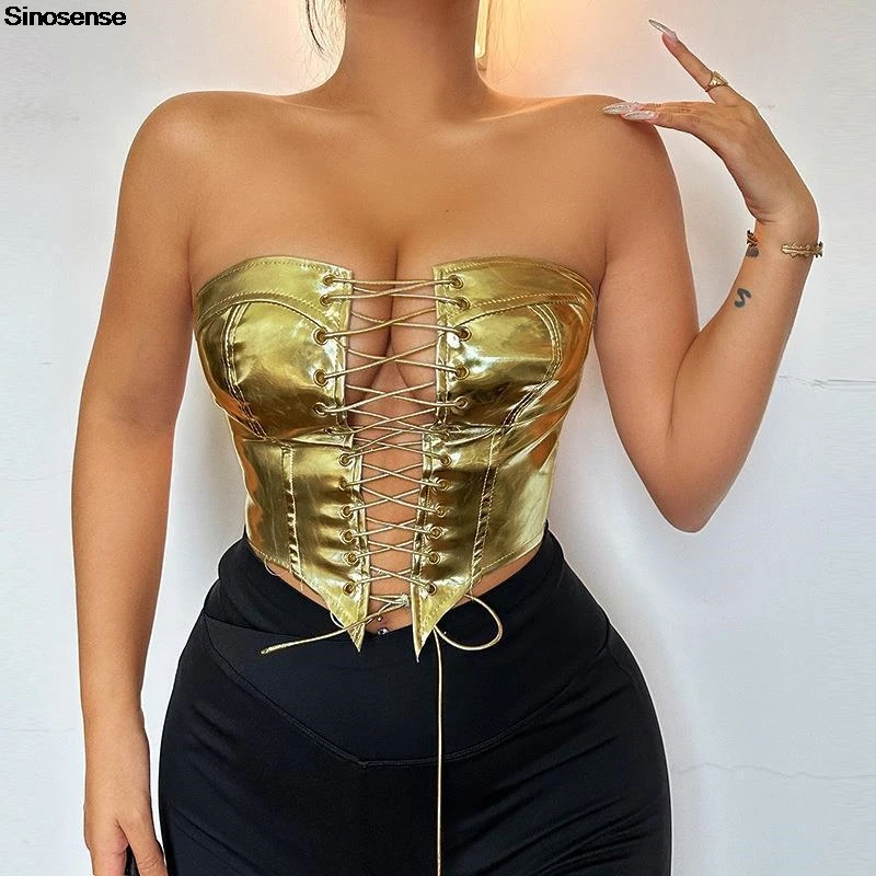 Kobiety PU Leather Bustier Crop Tube Top Metallic Asymmetrical Strapless Lace Up Bandeau Top Sexy Going Out Night Club Party Tops