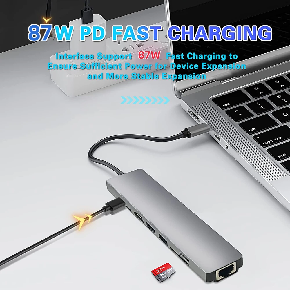 USB C HUB 3.0 USB Splitter 8 in 1 Type C to HDMI RJ45 PD 87W Adapter USB 3.0 HUB With SD TF Card Read 3 Hab For Macbook Air iPad