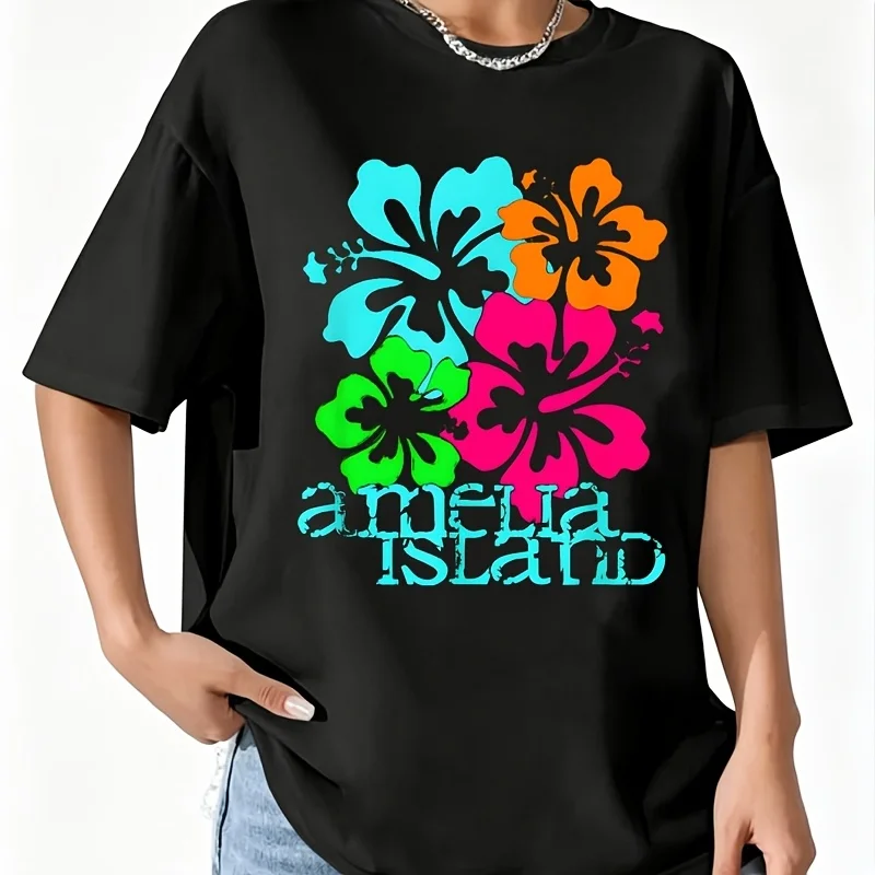 Amelia Island Beach Tropical Travel Surfing Women's 100% Cotton T-Shirt Short Sleeve Top Casual Round Neck Fun Print Tee S-5Xl