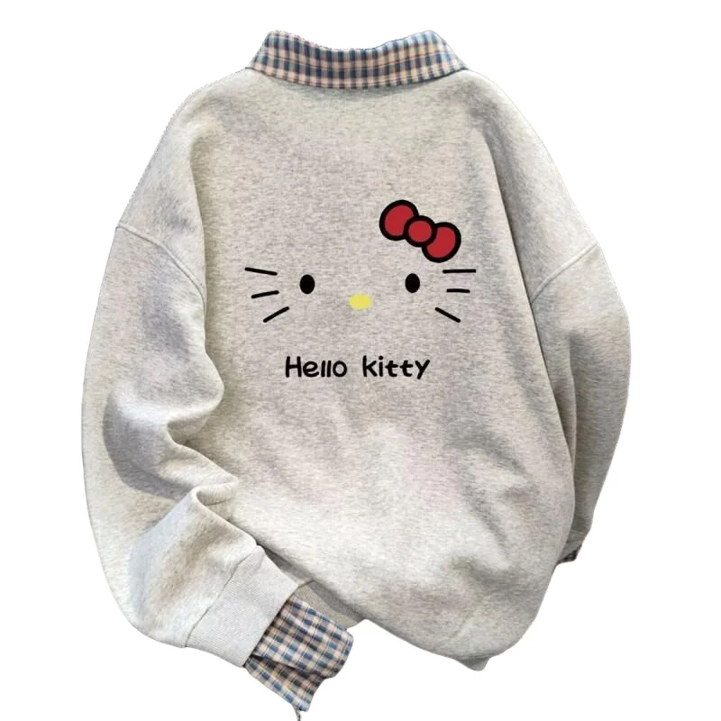 

Новая повседневная куртка-свитшот Sanrio Hello Kitty в японском стиле, из двух частей, в клетку, с флисовой подкладкой, для осени и зимы