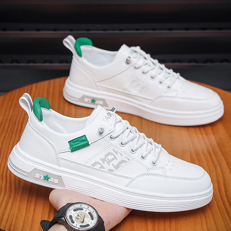 Casual sports small white shoes 2024 new Korean version of Men's leather anti-skateboard shoes elastic foot shoes