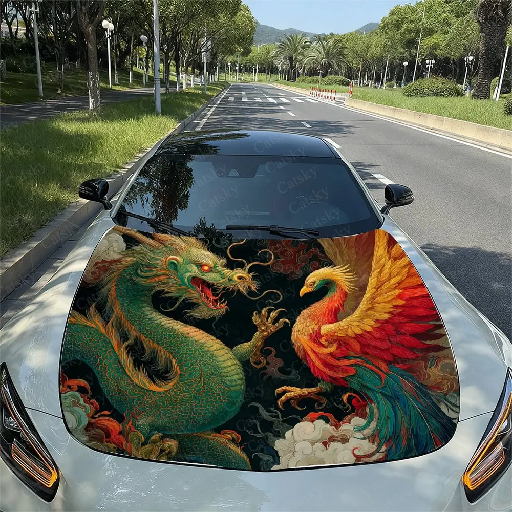 Prosperity Brought By The Dragon And Phoenix Print Hood Decal - PVC Material, Racing Car Body Vinyl Sticker, External Modificati