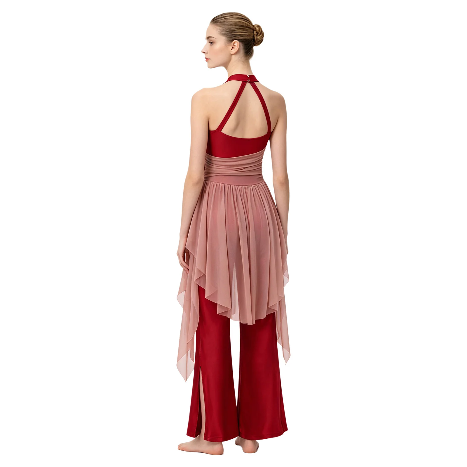 Womens Lyrical Contemporary Dance Jumpsuit Ruched Draped Mesh Halter Backless Split-leg Rompers Ballet Figure Skating Dancewear