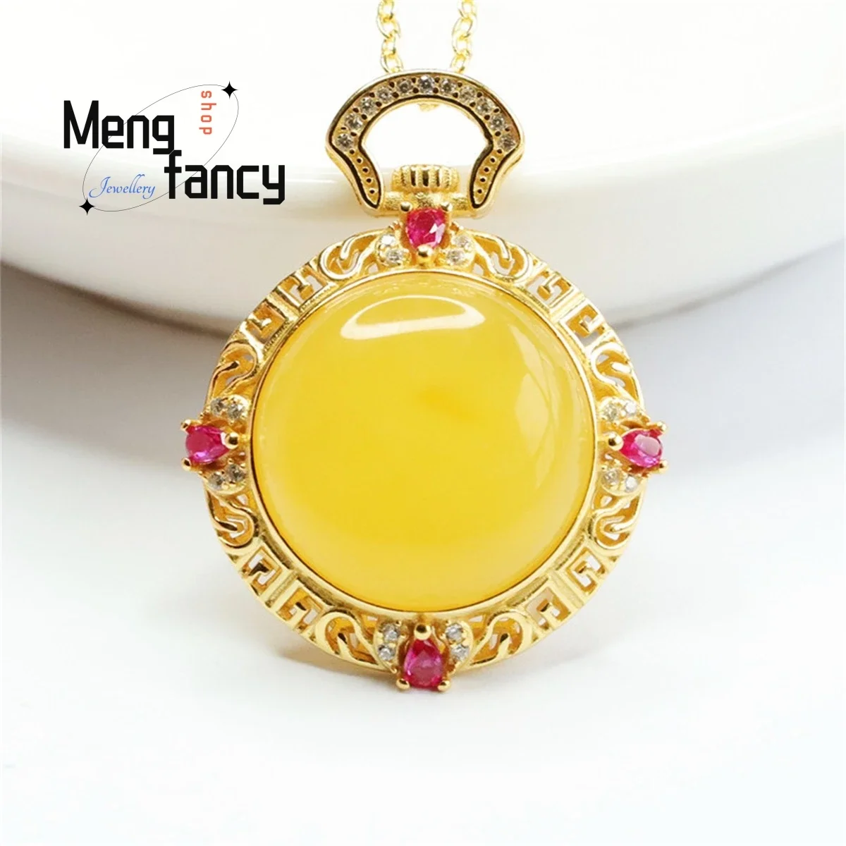 

Natural S925 Silver Inlaid Honey Wax Amber Full of Chicken Oil Yellow Large Round Pendant Necklace Fashion Luxury Women Jewelry