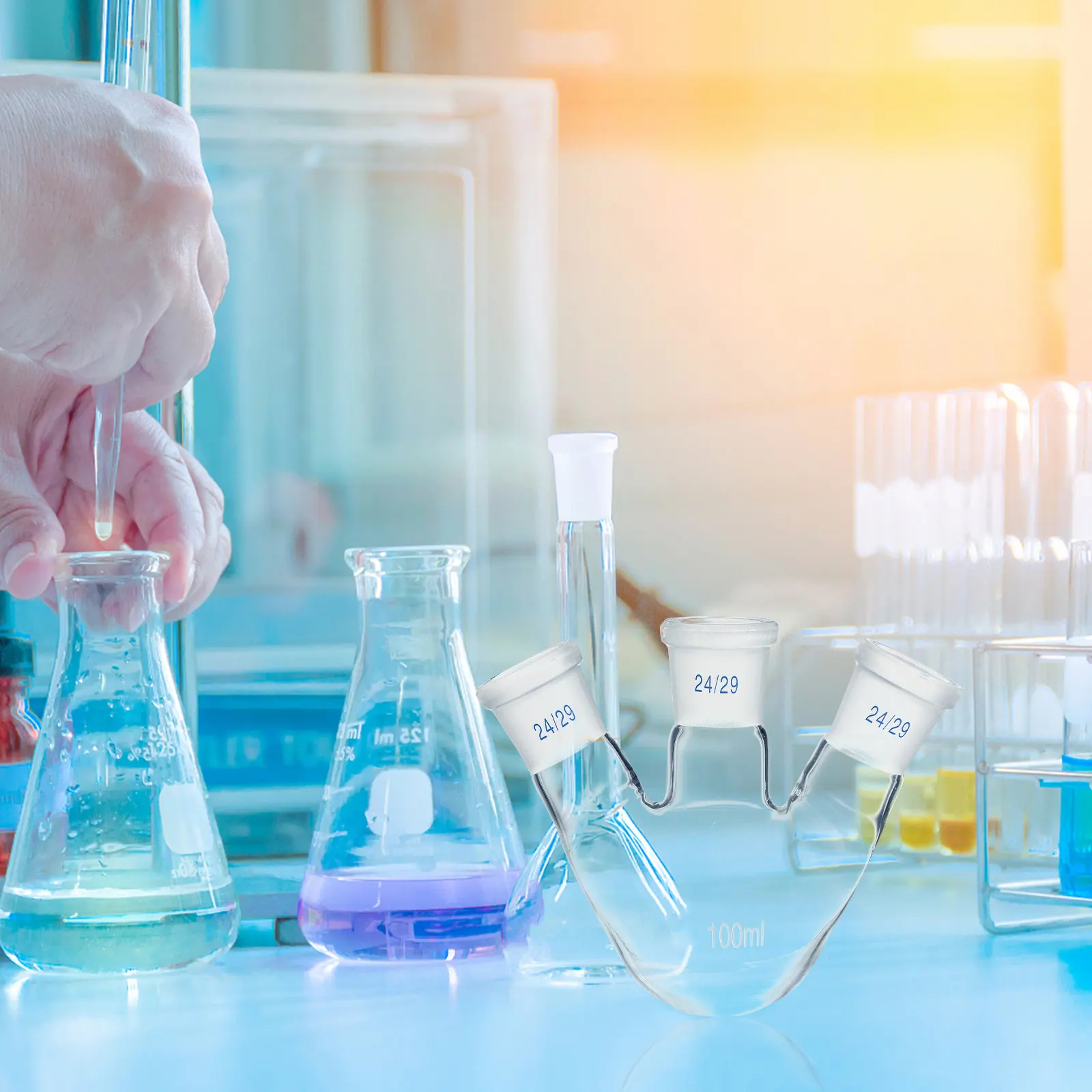 

Профессиональная трехгорлая колба для дистилляционного оборудования, высококачественная лабораторная колба из боросиликатного стекла для химических исследований