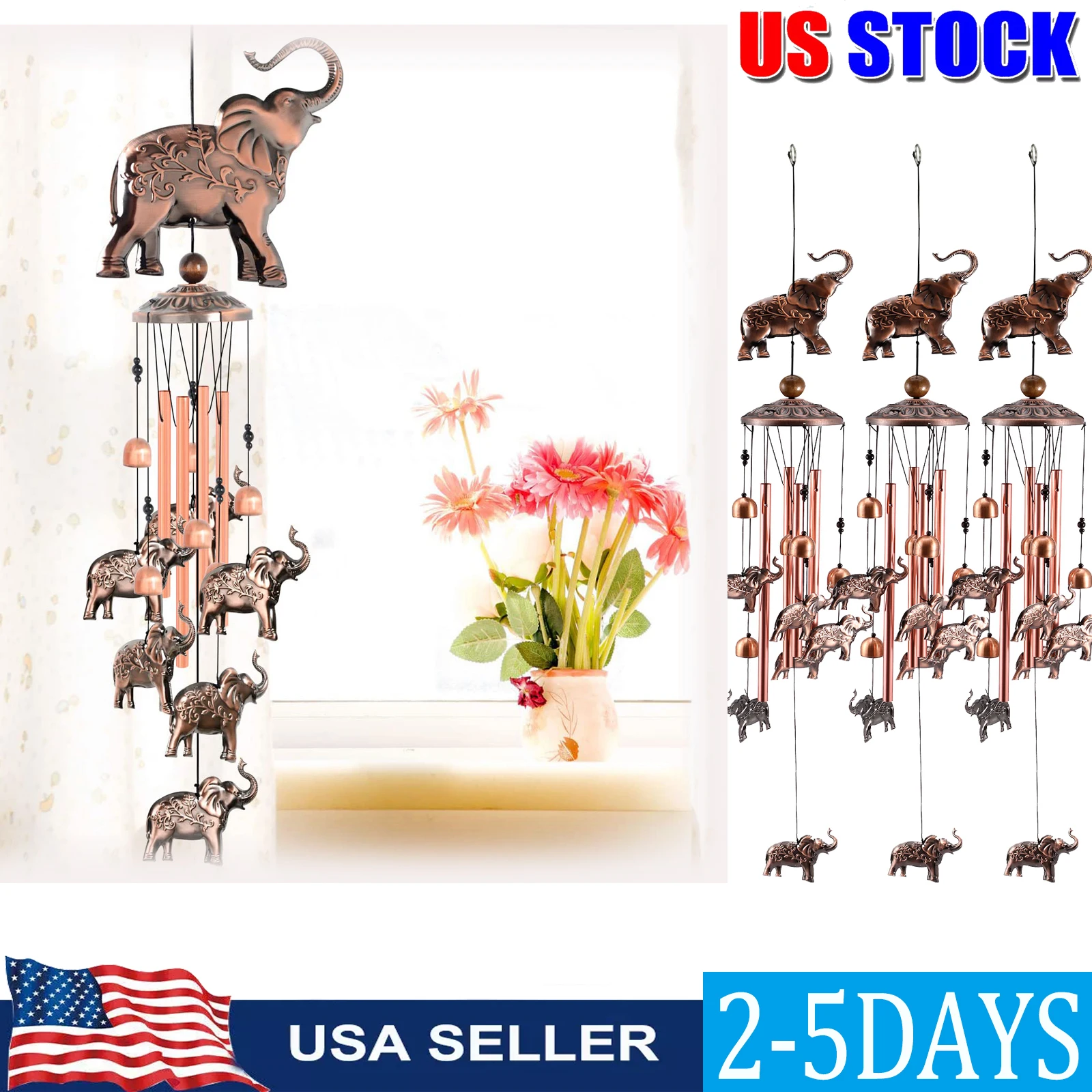 5/1pcs Elephant Wind Chimes Garden Decor Outdoor Patio Decorations with S Hook Retro Creative Hanging Wind Chimes Ornaments