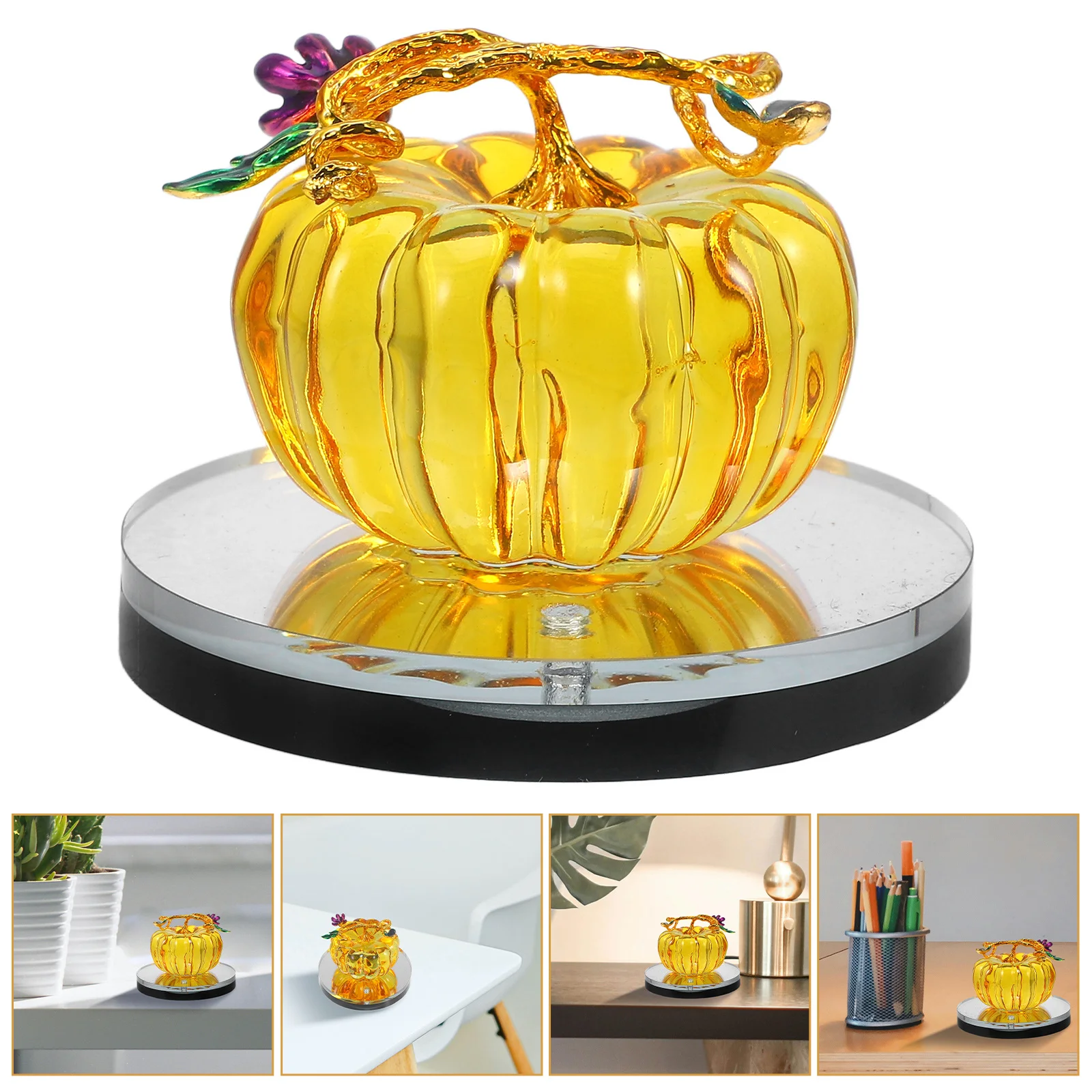 

Small Crystal Pumpkin Adornment on Round Tray Decorative Table Ornament for Home Office Halloween Party Decor Mini Pumpkins