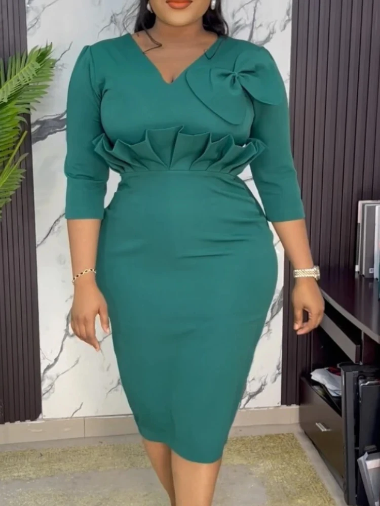 Women's Office Dresses Elegant Bow Ruffles Fashionable New Green V-neck Pleated Half Sleeves Classy Church Workwear Midi Gowns