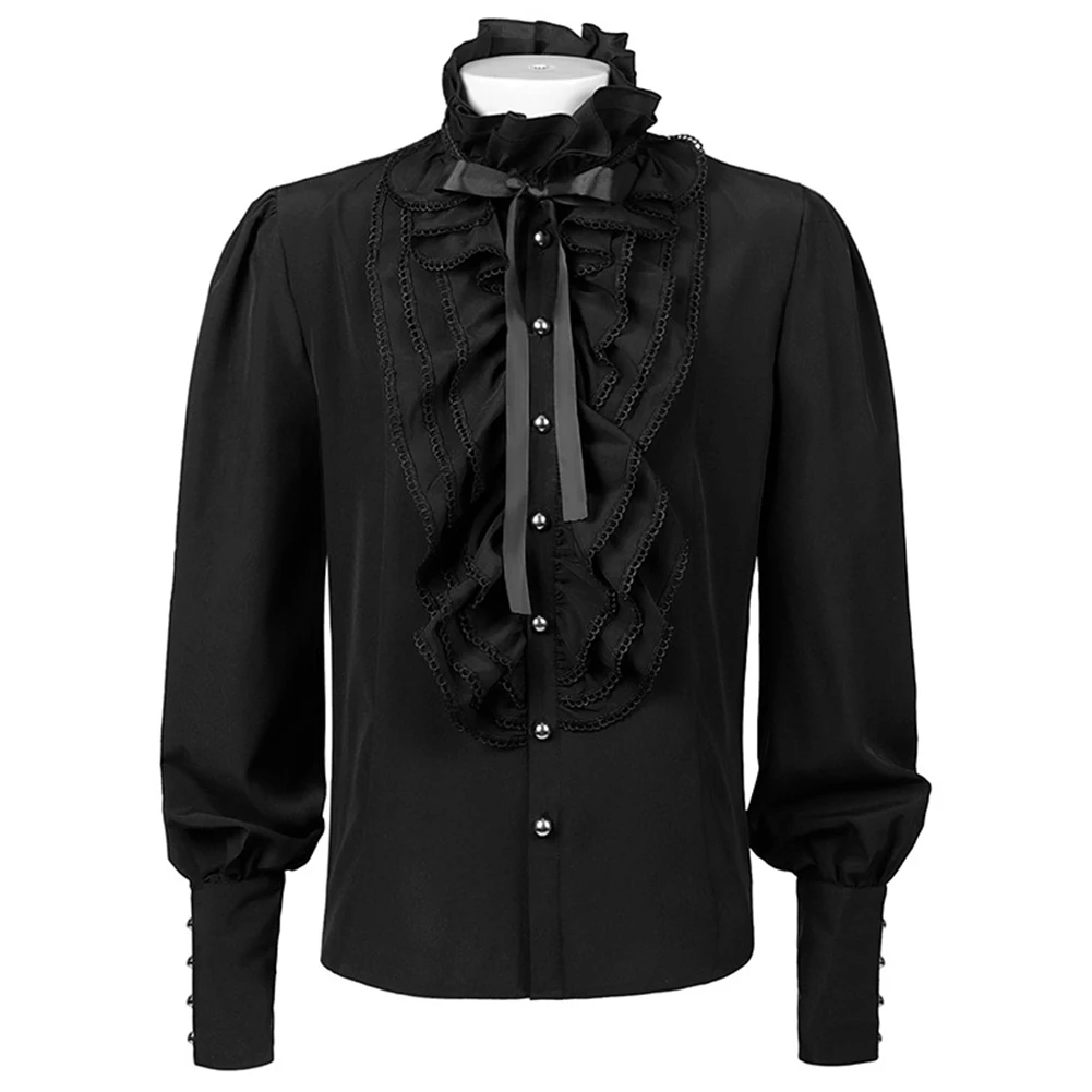 

Fashion Retro Men's Gothic Shirts And Blouses Victorian Medieval Ruffle Pirate Puff Sleeve Solid Black Tops Shirt Man Clothing