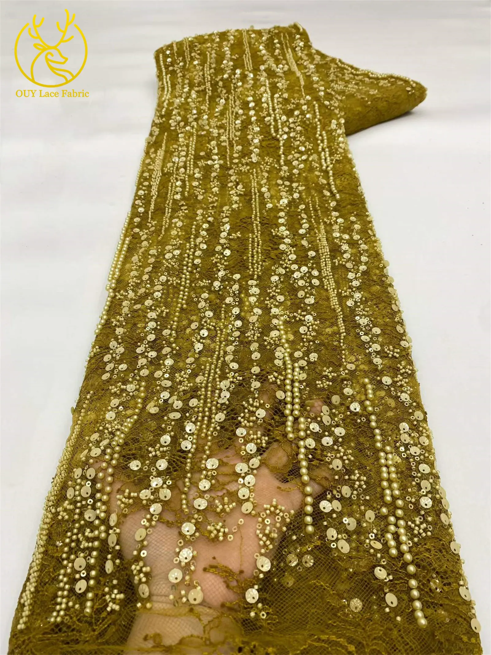 Afrikanischer Spitzenstoff, hochwertige französische Stickerei, Perlen, Pailletten, Tüll, Netzspitze für Frauen, Hochzeitskleid, Nähzubehör, 5 Yards – Detail 17