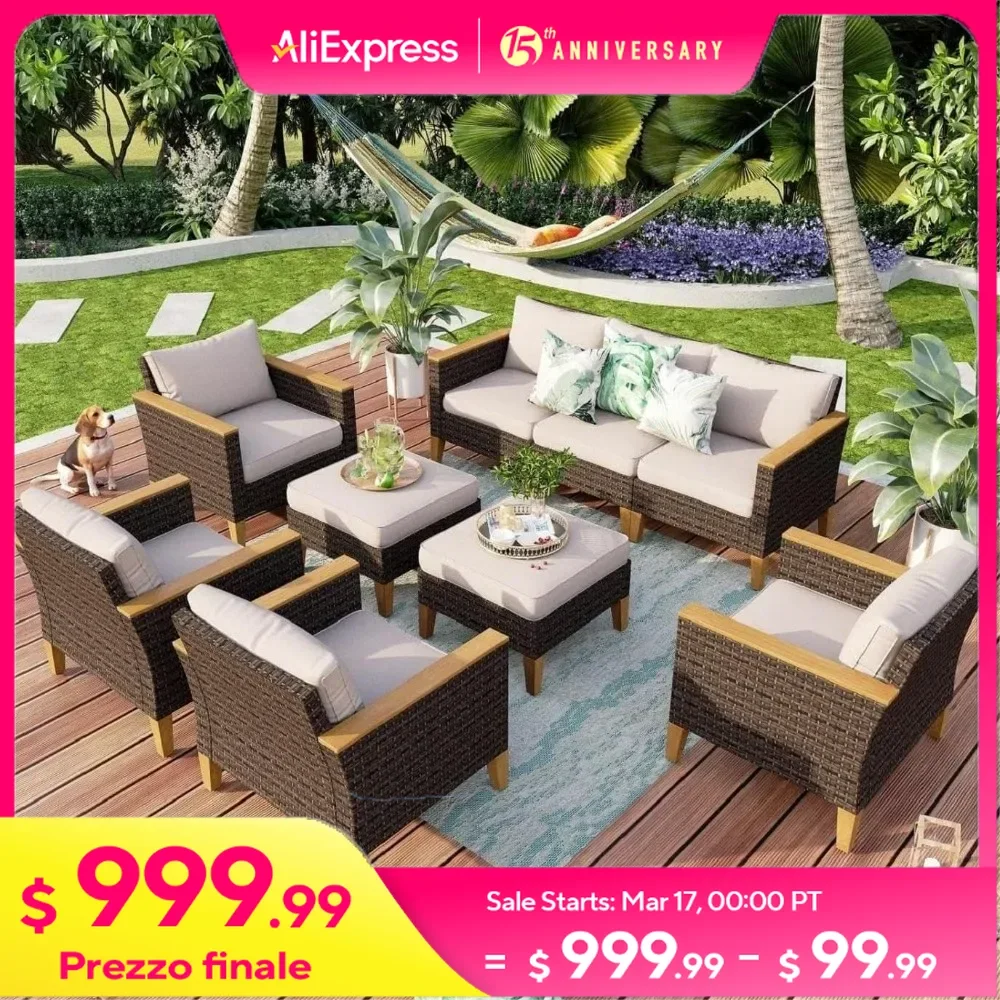 9 Seat Extra Large Wicker Patio Furniture Set, 4 Armrest Sofa, 3-Seat Sofa, 2 Ottoman, All-Weather Rattan Patio Conversation Set