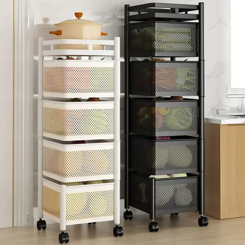 Stainless Steel Black White Swivel Kitchen Rack Floor Trolley Storage Rack Fruit Vegetables