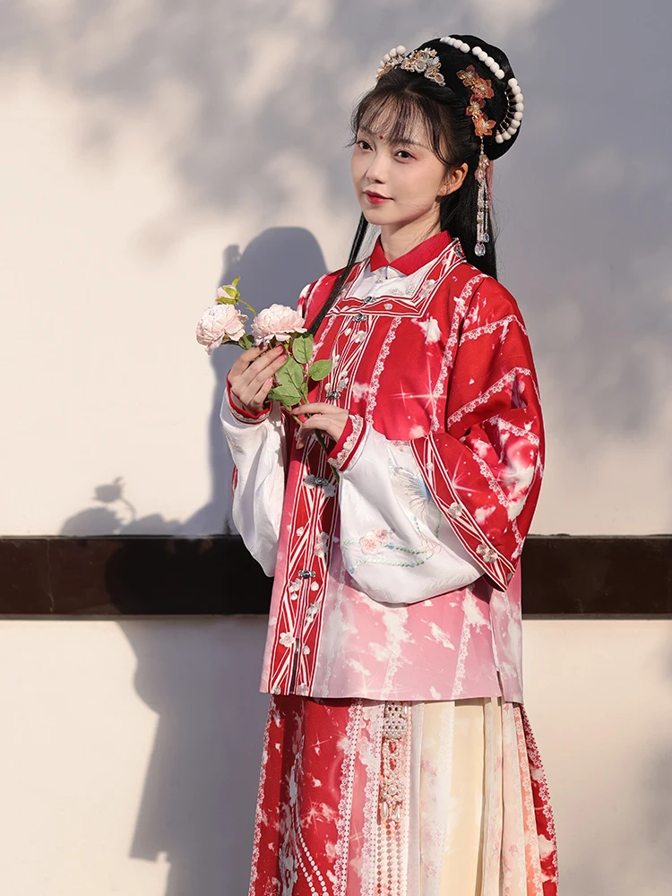 

New Year Embroidered Jaet Fce Lined f Sve Patchwork Tailed Square Collar Red All Day Long Hanfu Skirt