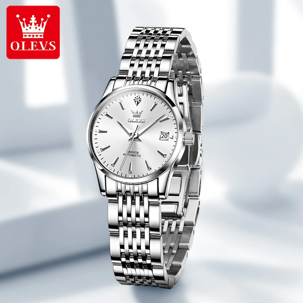 OLEVS 6635 Women's Mechanical Watch Simple Luxury Elegant Ladies Wristwatch Stainless Steel Waterproof Calendar Automatic Watch