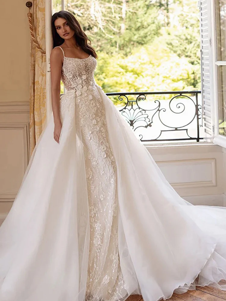 Detachable Train Wedding Dress Romantic Embroidered With Bead Mermaid Ballgown Sleeveless Squarecollar Customized Bride Dress