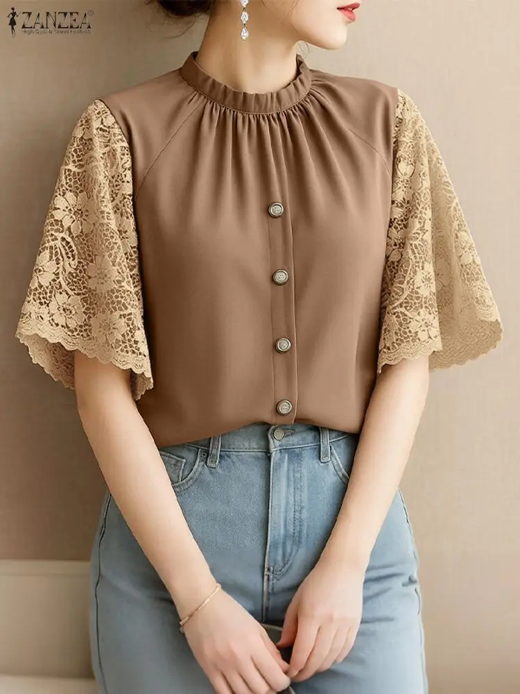 

ZANZEA Elegant Womens Lace Patchwork Sleeves Blouses Casual Gathered Stand Collar Half Sleeve Solid Color Tops Woman Clothes 3XL
