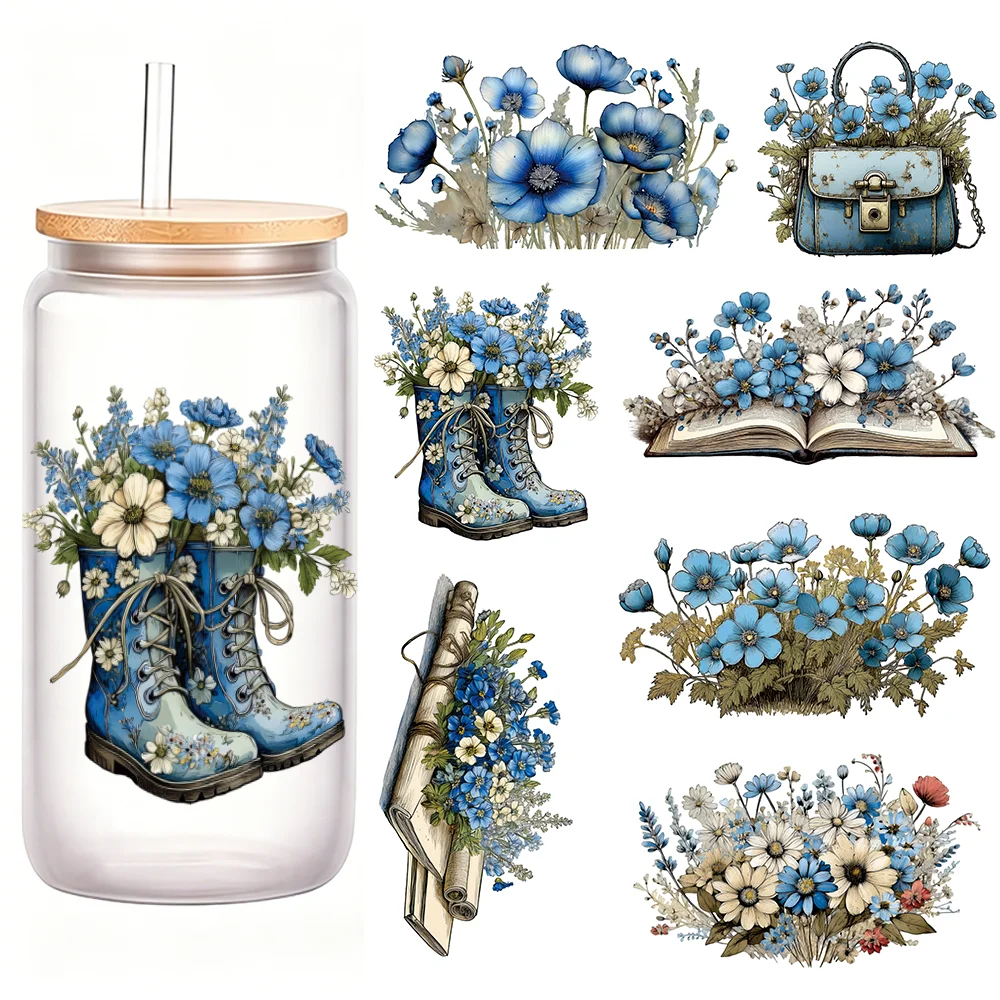 21*30cm Flowers Butterflies UV DTF Transfer Stickers Dragonfly Green Plants Transfer Sticker Blue Flowers Washable Stickers Decr