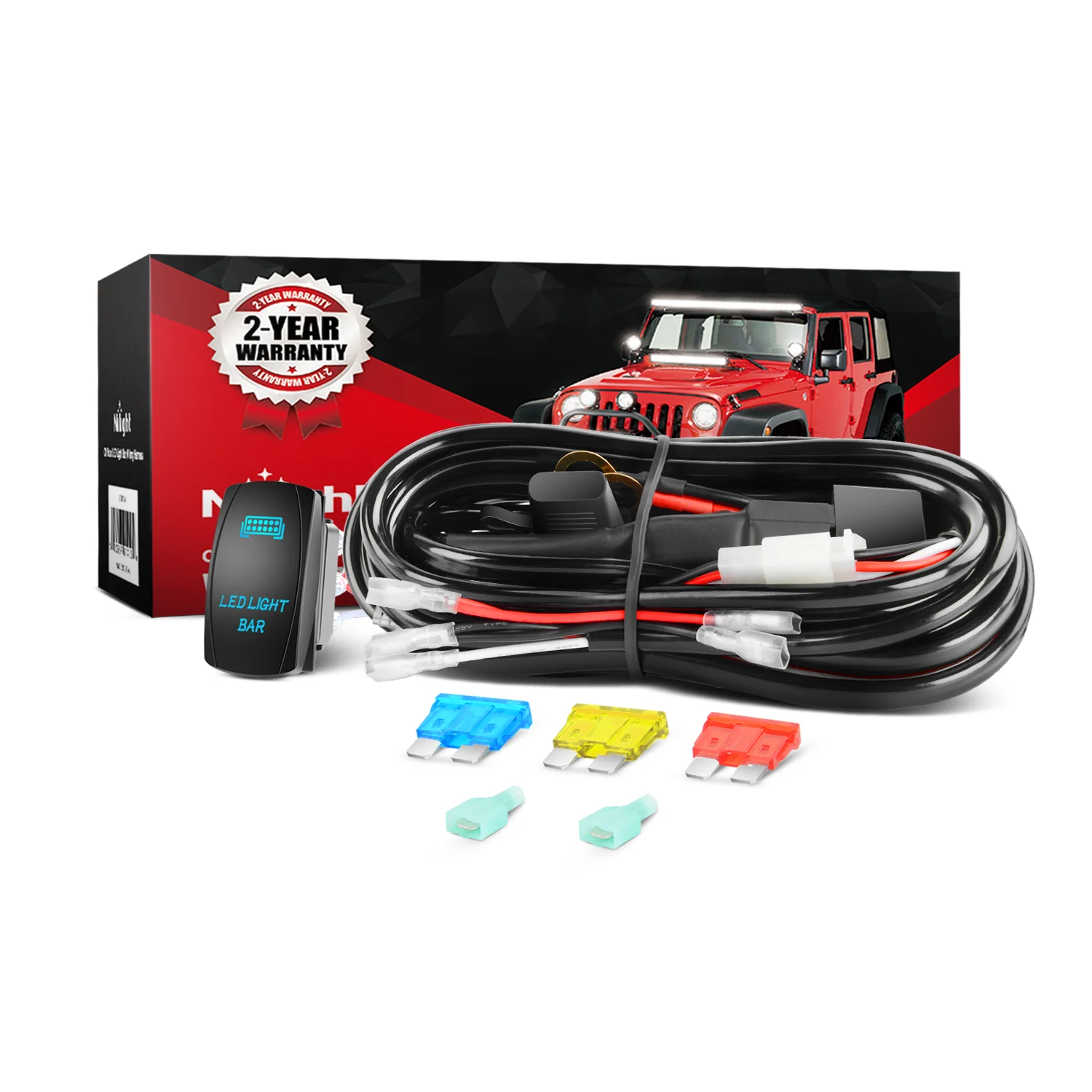 Nilight LED Light Bar Wiring Harness Kit 14AWG Heavy Duty 12V 5Pin Rocker Laser On Off Waterproof Switch Power Relay Blade Fuse-1 Lead