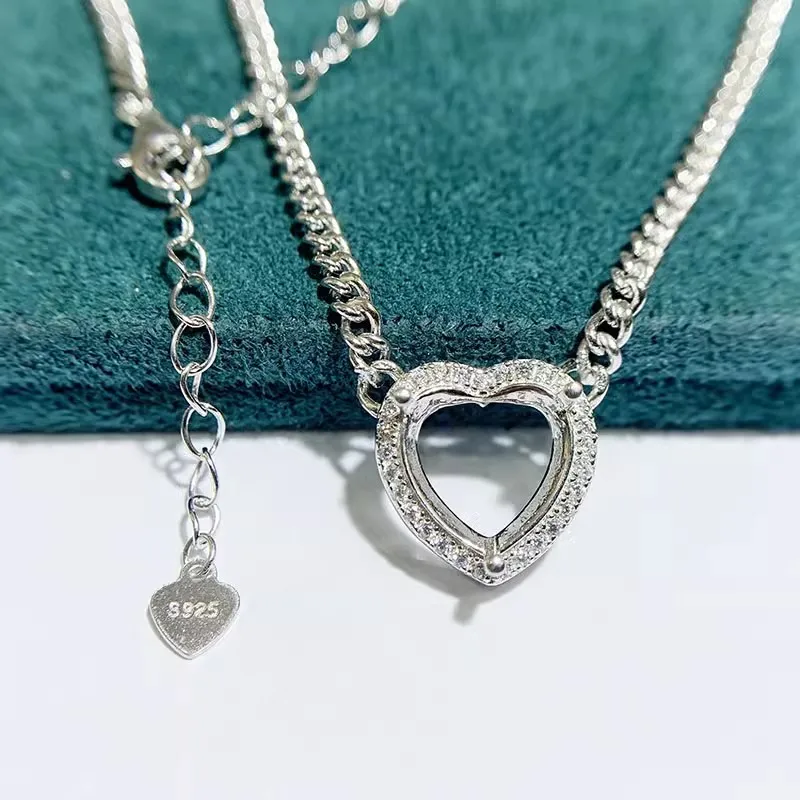 MeiBaPJ 10mm Heart Stone DIY 925 Silver Holder Fashion Pendant Necklace Empty Setting Fine Wedding  Jewelry for Women