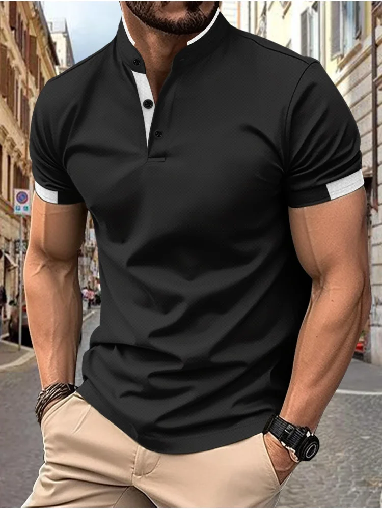 2024 Men\'s new Polo shirt summer men\'s stand collar button casual short-sleeved T-shirt top