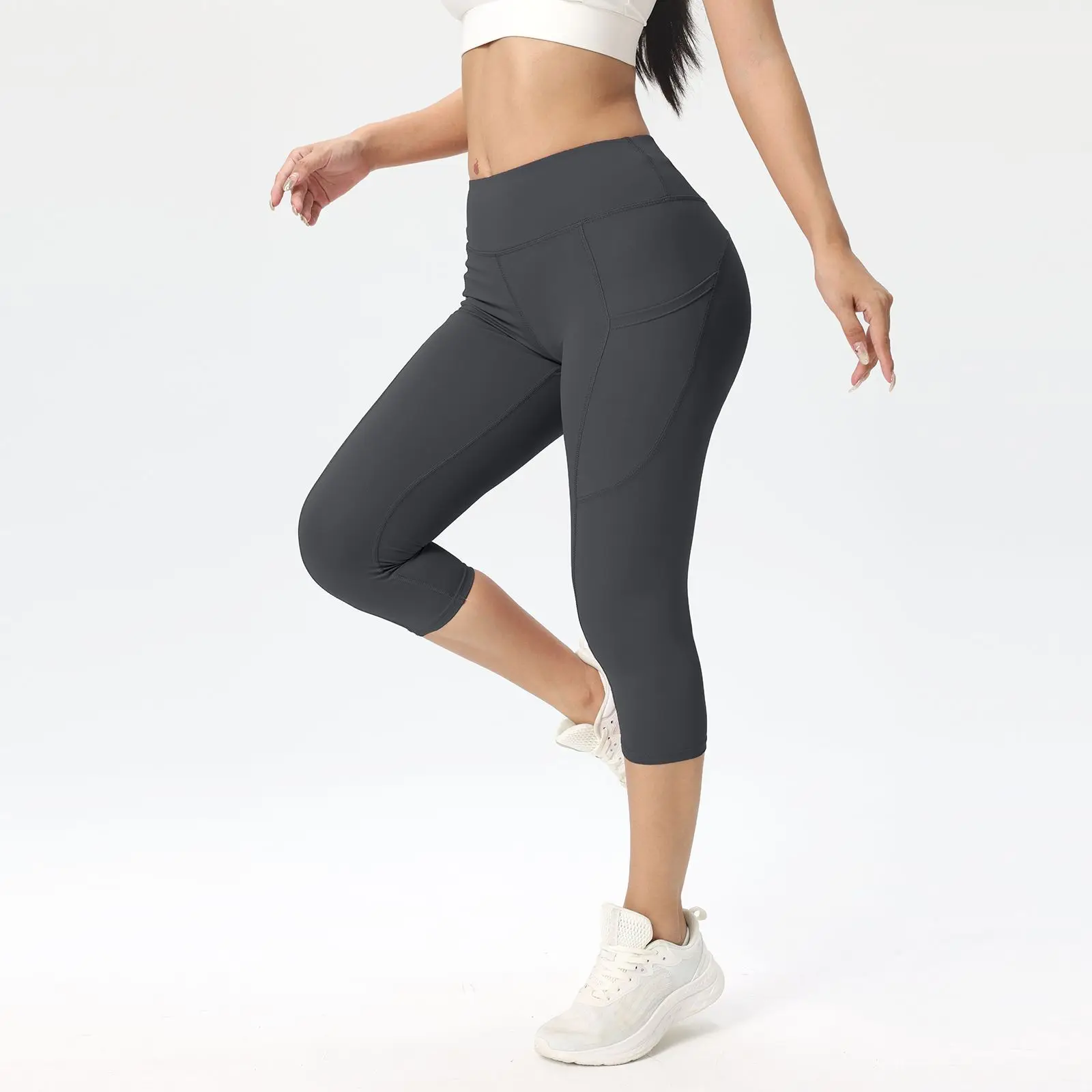 レディース ハイウエスト ヒップリフティング カプリパンツ - 速乾性 25 インチ クロップド ヨガ サイクリング パンツ サイドポケット付き おなかコントロール