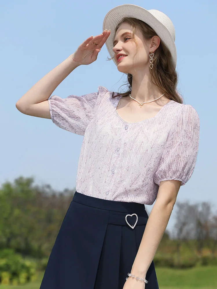 I BELIEVE YOU French Floral Chiffon Female Shirts & Blouses 2024 Summer New Square Collar Puff Sleeves Shirt Chic Top 2232205048