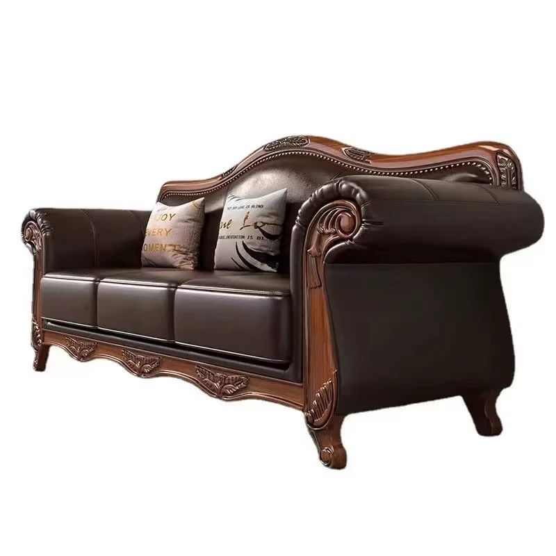 

Retro Sofa Living Room Solid Wood Leather Sofa Combination Three People Straight Row
