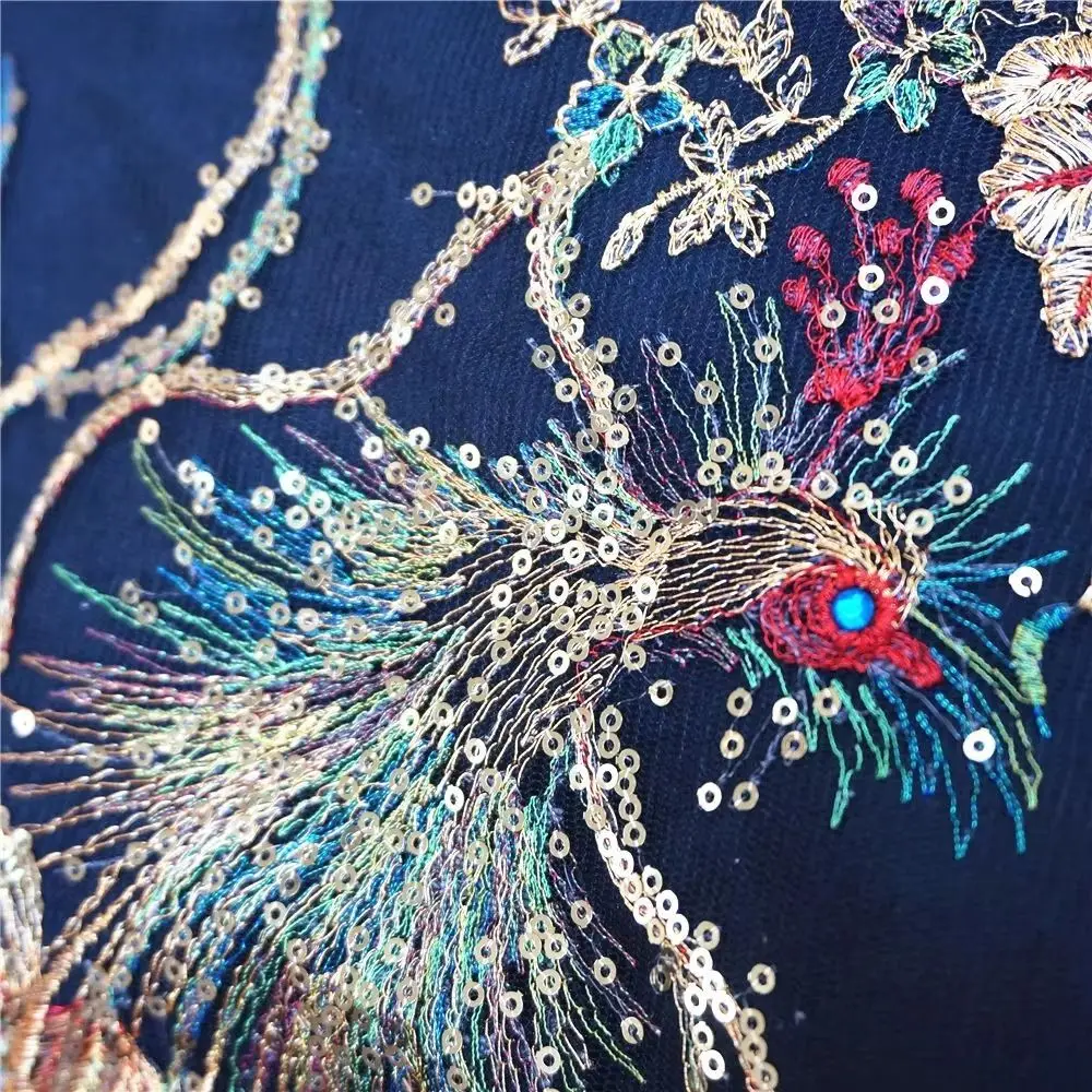 Peacock Phoenix Embroidered Sequin Appliques Black Mesh DIY Lace Fabric Gown Appliques Wedding Decoration Appliques
