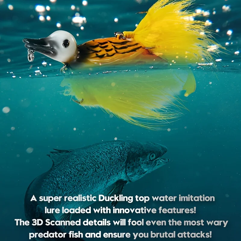 1piece 3D Duck Topwater Fishing Lure Yellow Duckling Floating Artificial Bait Plopping and Splashing Feet Hard Fishing Tackle Ge