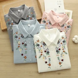 100% Cotton Yarn Blue Pink Gray Blouses Woman Spring Tops Blouses 2026 Fashion Women Trending Floral Embroidery Shirts