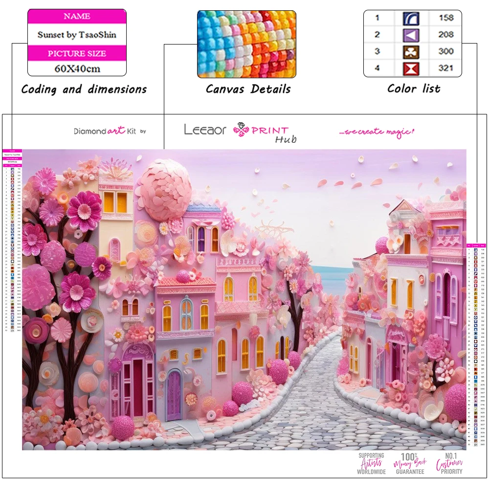 Pebble Landscape Diamond Painting Kits Pink City Rhinestone Cross Stitch Mosaic Cartoon Embroidery Wall Sticker Home Decor Gift