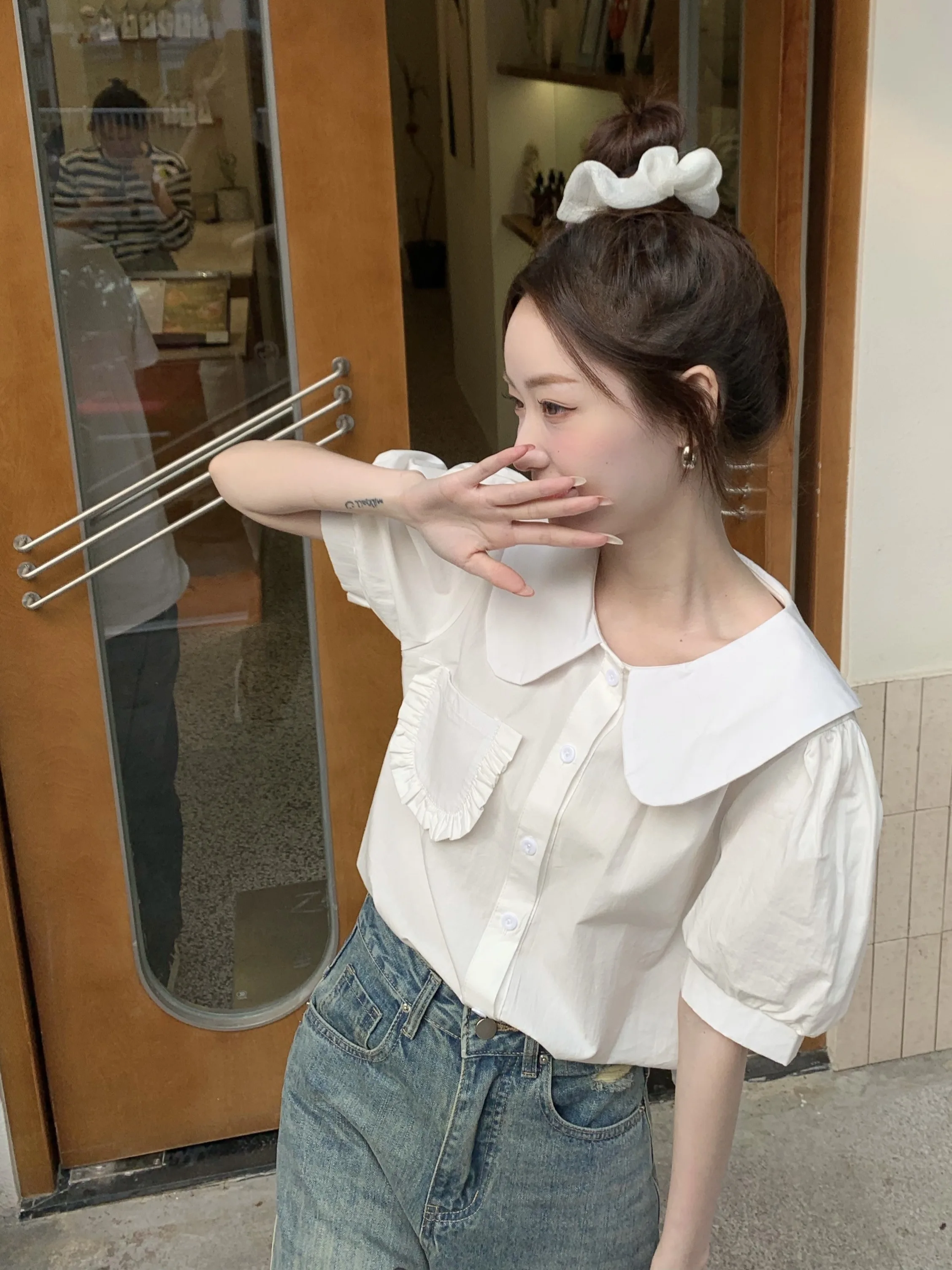 2024 Summer New Style Vintage Doll Neck Short sleeved Shirt Women's Small Top