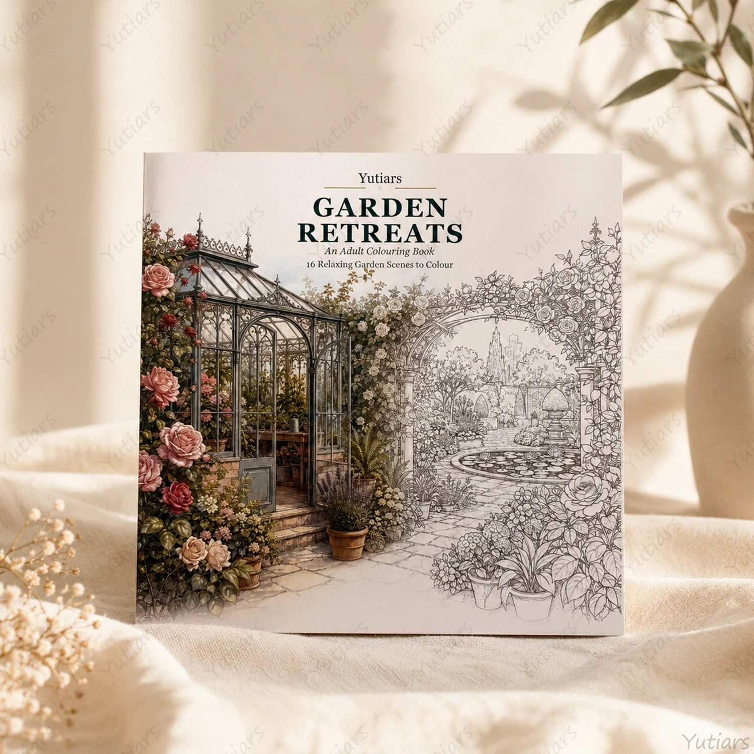 Garden Retreats Adult Colouring Book by Yutiars 20x20cm Square Format Botanical Garden Scenes Single-sided Pages Mindful Art Gif