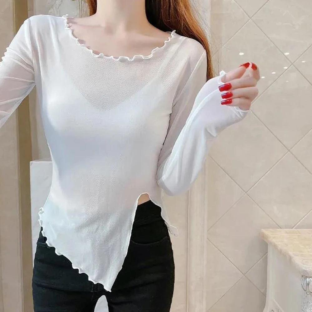 New Transparent Dance T Shirt Women Lace Blouse 4 Colors Female Bottoming Blouses S-XL Size Cheaper Tops Kawaii  Shirt X-G-Xinde