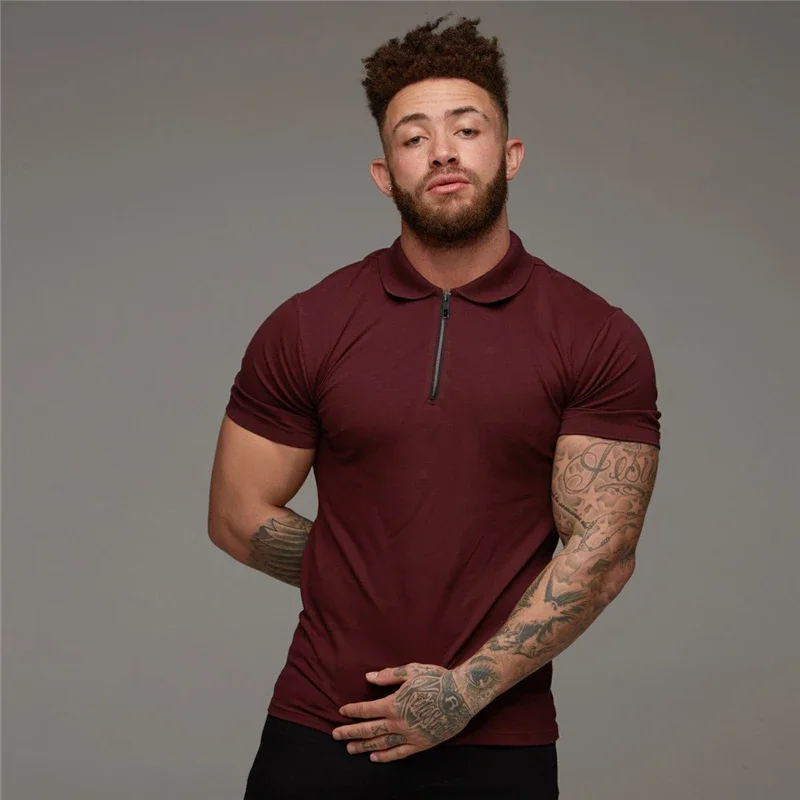 Solid Color Cotton Breathable Short Sleeve Polos Fashion Zip Collar Slim Fit Polo Shirts Gym Fitness Bodybuilding Men\'s Clothing