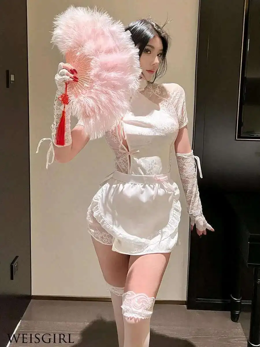 Sexy Queen Cosplay Transparent Nightgown Chinese Maid Cheongsam Pure Desire Uniform Female Dress Elegant Mesh Lace Sheer X3QQ